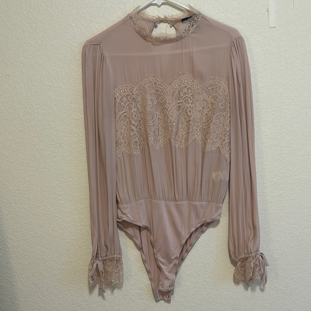 Pink Pleated Long Sleeve Bodysuit with Mandarin Collar